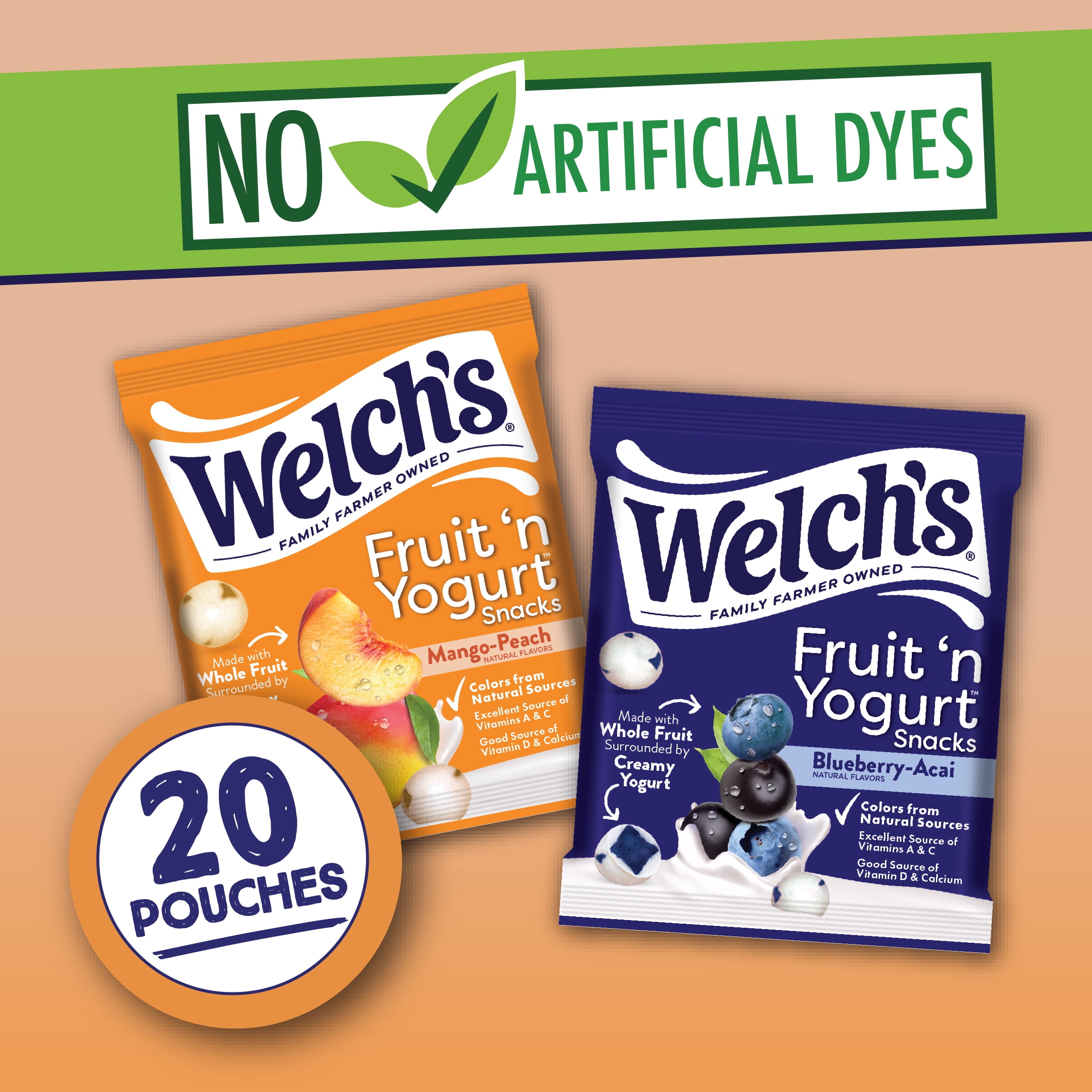 (6 pack) Welch's Fruit 'N Yogurt Blueberry-Acai. & Mango-Peach Soft Fruit Snacks, .7 oz, 20 Count