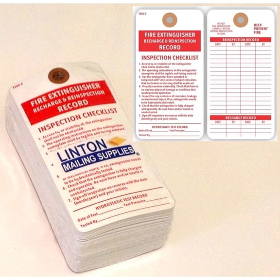 FIRE EXTINGUISHER RECHARGE & REINSPECTION RECORD Tag w INSPECTION CHECKLIST (2-Sided), 3" x 5.75", Red on White 13 Pt. Cardstock w Reinforced Hole - Pack of 100 Tags
