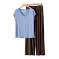 thumbnail image 2 of JGGSPWM Women's V-Neck Short Sleeve T-Shirt and Loose Wide-Leg Long Pants Sleepwear Set Soft Comfortable Pajama Set for Women Blue M, 2 of 6