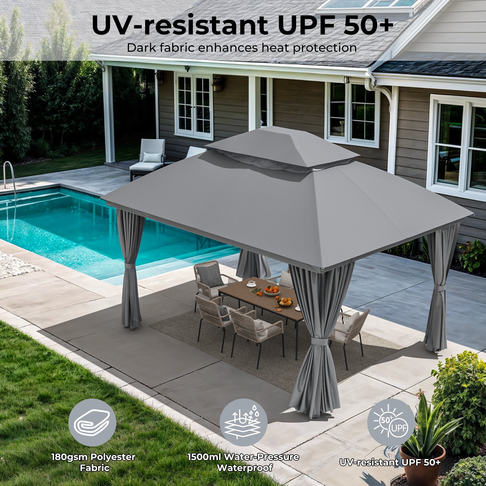 Vitarpatio 10'x10' Outdoor Patio Gazebo with Double Roof, Mosquito Netting and Privacy Screens, Metal Frame Outdoor Gazebo Heavy Duty Gazebo Tent Backyard Canopy Shelter, Gray