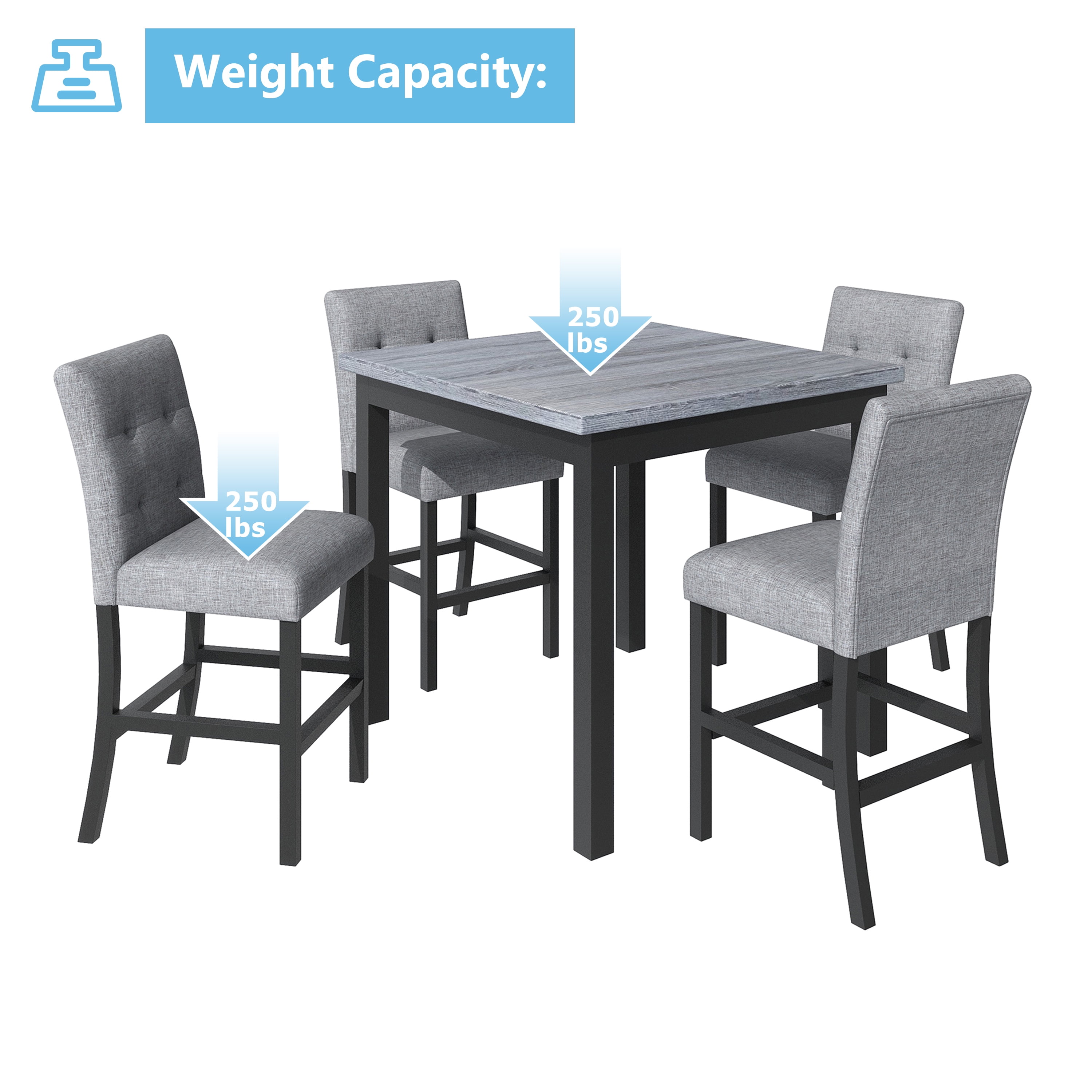 EUROCO 5-Piece Dining Room Table Set,Counter Height Dining Table Set with 4 Upholstered high-back Chairs and Chairs Home Furniture Square Modern,Black