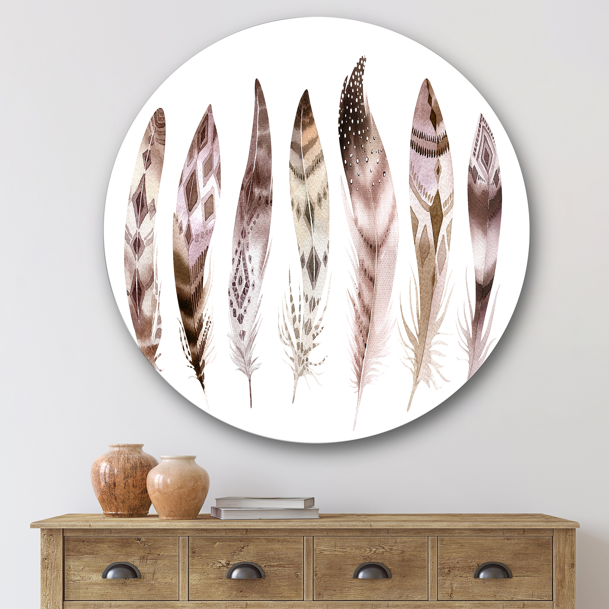 Designart 'Colourful Boho Art Feather Set X' Bohemian & Eclectic Circle Metal Wall Art 36x36 - Disc of 36