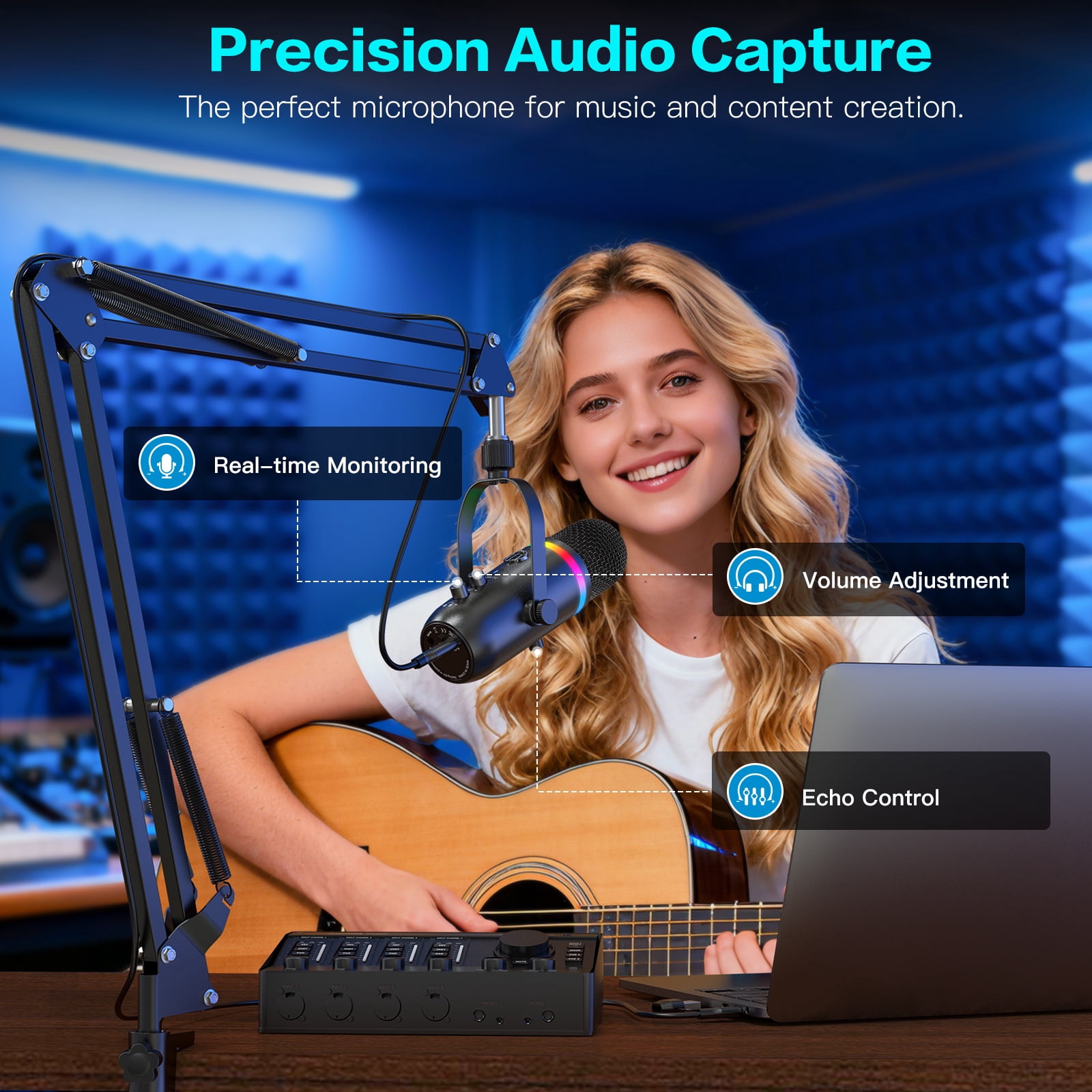 ZealSound Podcast Microphone for PC/Mac/iPhone – USB Studio Mic with Noise Cancellation, RGB Lighting, Mute, Gain, Monitoring & Echo, Boom Arm & Pop Filter, Streaming, Recording, TikTok, YouTube