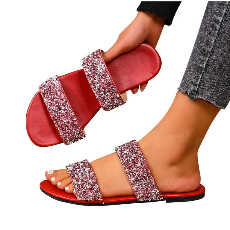 LOVZFMLL Women's Flat Sandals Rhinestone Glitter Slippers Two Band