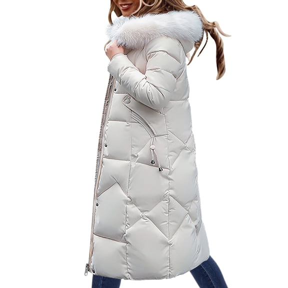 Women's 2026 Plus Size Long Puffer Coat, Over Knee Parka with Faux Fur Trim Hood, Thickened Winter Jacket, Korean Style Slim Fit Coat, Warm Down Alternative Coat White L