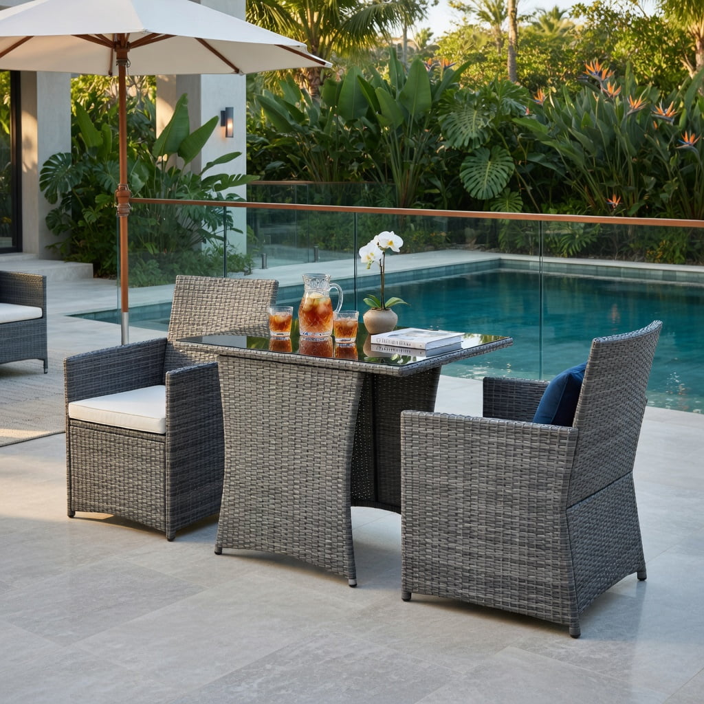 Hommoo 3-Piece Modern Patio Rattan Furniture Set, Steel Frame with Cushions, Tempered Glass Table & Ergonomic Armchairs for Balcony, Porch & Garden