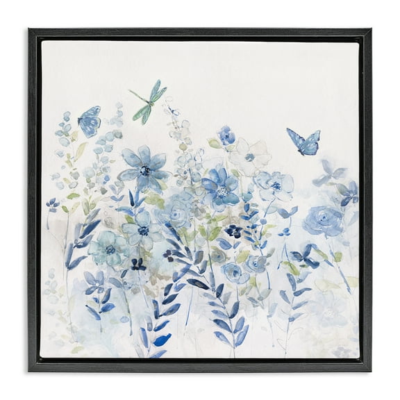 Stupell Industries Delicate Blue Floral Garden Botanical & Floral Painting Black Floater Framed Canvas Art Print Wall Art, 18 x 18