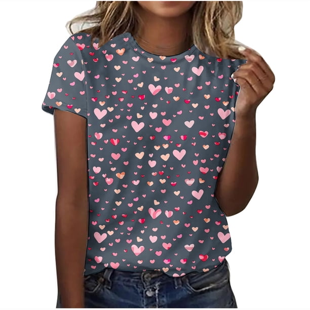 Camisetas Casuales de Mujer Día de San Valentín Impreso Cuello Tripulado Manga Corta, Top de Moda para la Fiesta Y Diario
