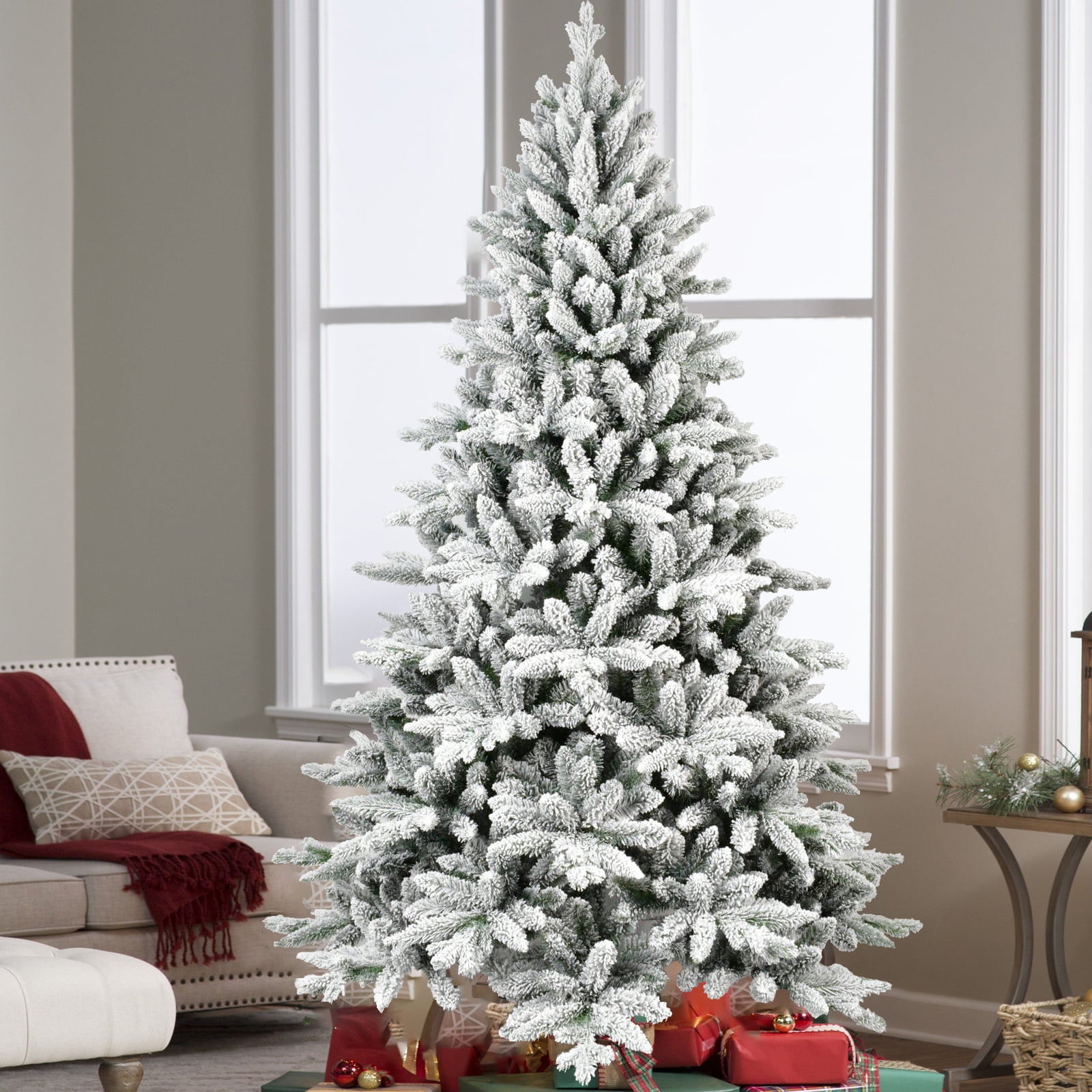 6 Ft Flocked Christmas Tree with 1100 Tips, Realistic PE+PVC Snowy Hinged Tree with Metal Stand, Full Artificial Xmas Tree for Holiday Decoration