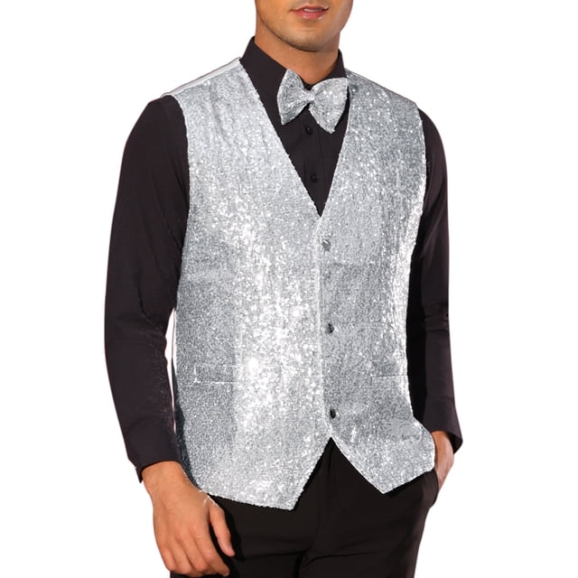 Chaleco sin mangas brillante de lentejuelas INSPIRE CHIC para hombres, corte ajustado en V, fiesta disco, corbata de moño, XL plateado
