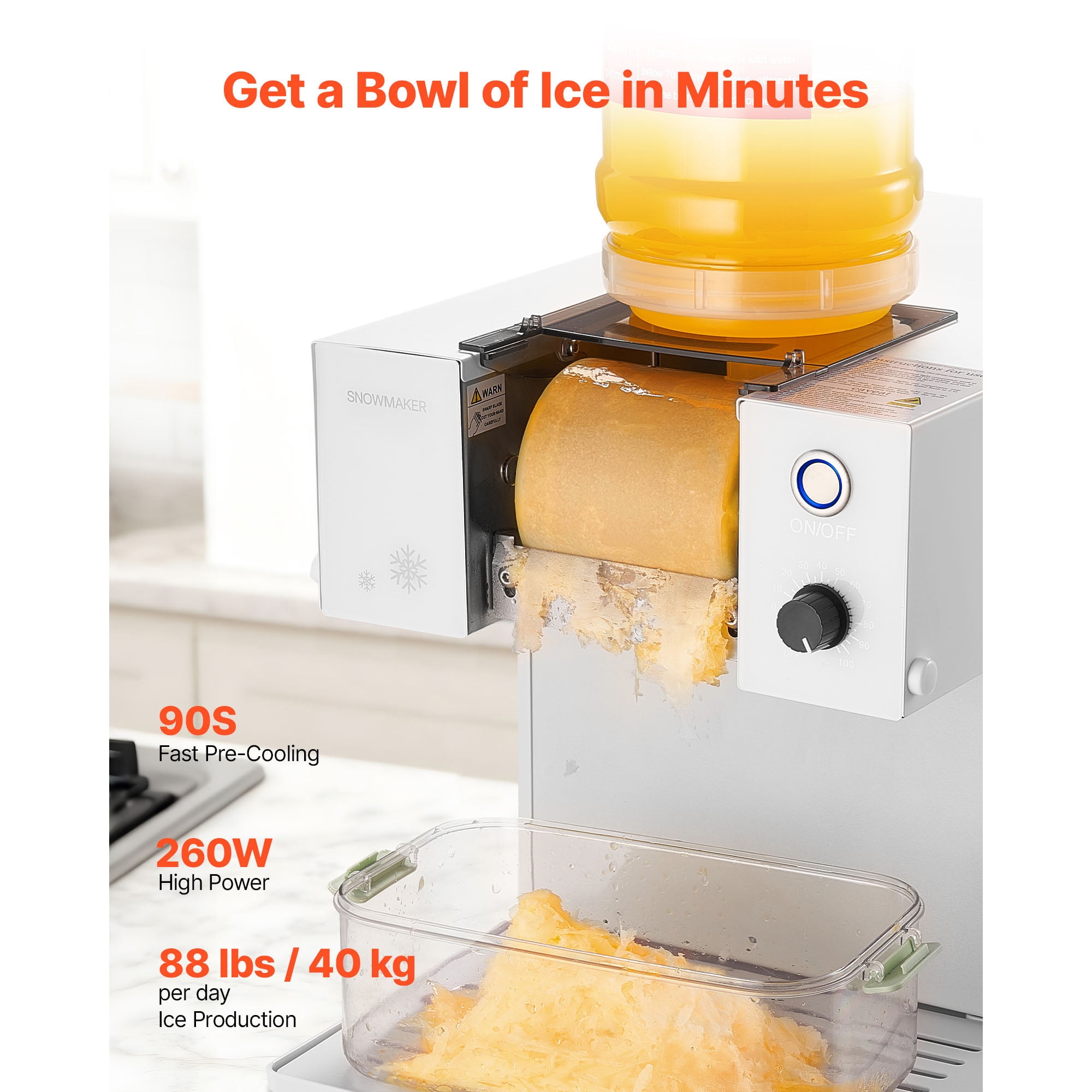 KFFKFF Snowflake Ice Maker, 88LBS/24H Ice Machine, Ice Shaver with Stainless Steel Blade, Electric Snow Cone Maker with 0.48 Gal Tank, 90-Second Quick Pre-Cooling, Ideal for Home & Small Events