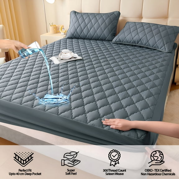 AUQ Deep Pocket Fitted Sheet Queen Size - Waterproof Mattress Protector,Non-Slip Cooling Bed Sheet for 8-15" Mattress (Dark Gray,35x79")