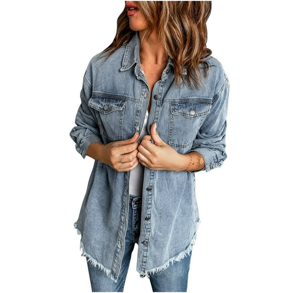 Jean Biker Coat Fashion Women Casual Pockets Printed Long Sleeve Tops Jacket Plaid Coat Women's Denim Jean Jackets S-216 Blue M