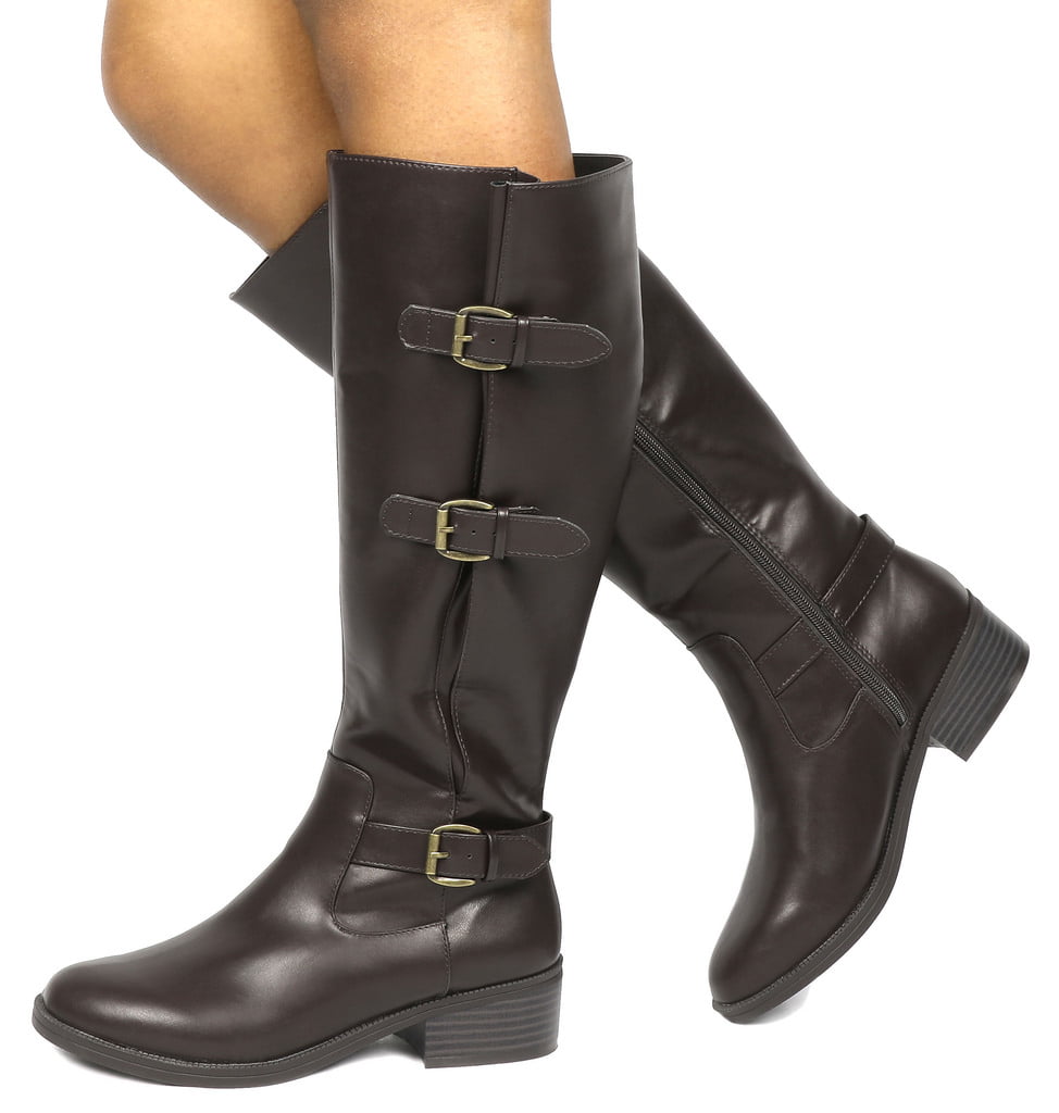 TOETOS Women's Low Heel Side Zipper Knee High Winter Riding Boots Wide Calf