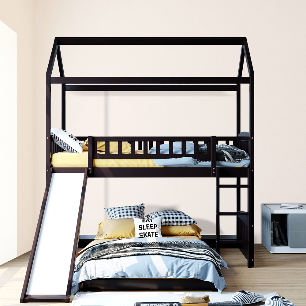 Juniors Slide House Bunk Bed, Twin over Twin Wood Bunk Bed for Boys