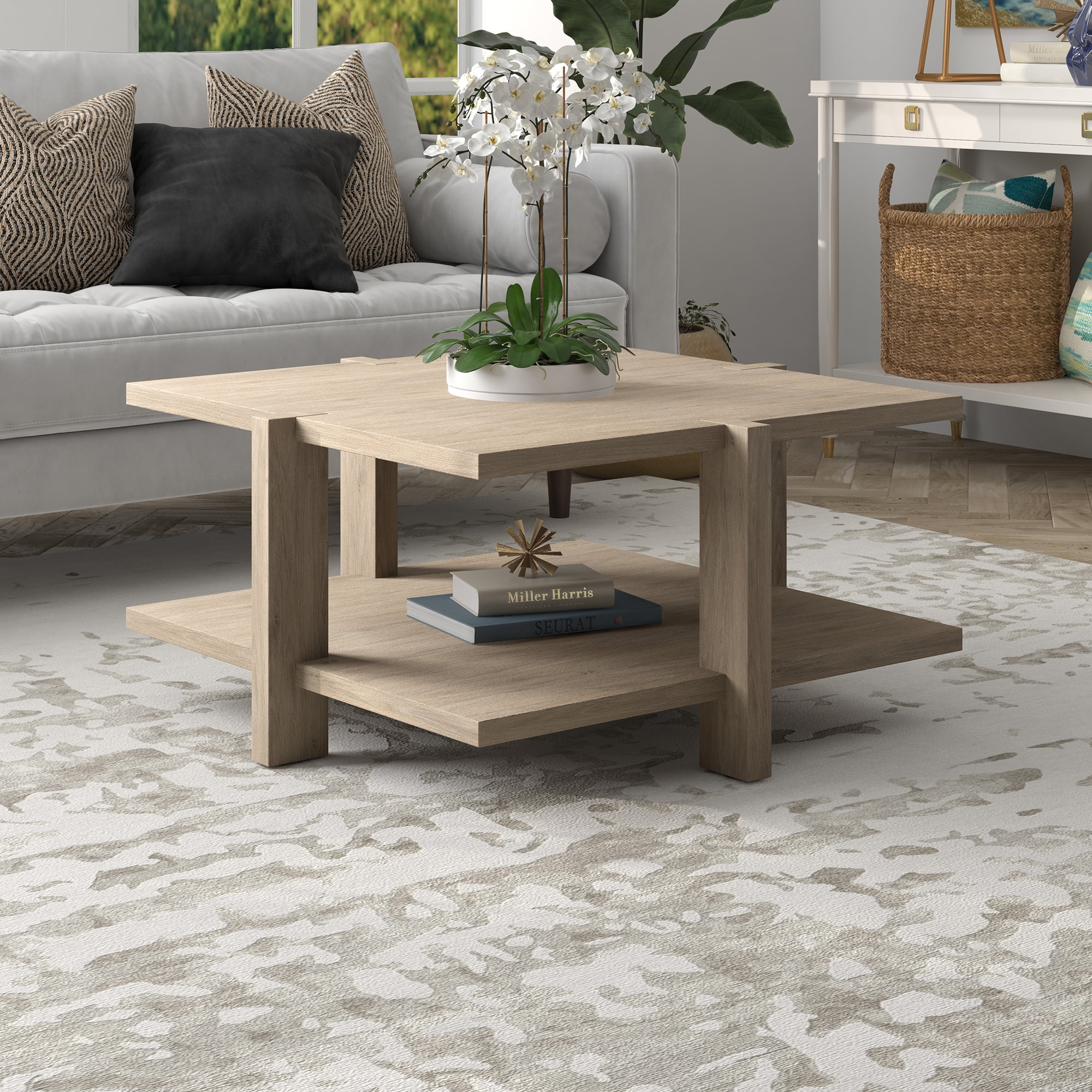 Evelyn&Zoe Ingrid 35" Wide Square Coffee Table, Antiqued Gray Oak