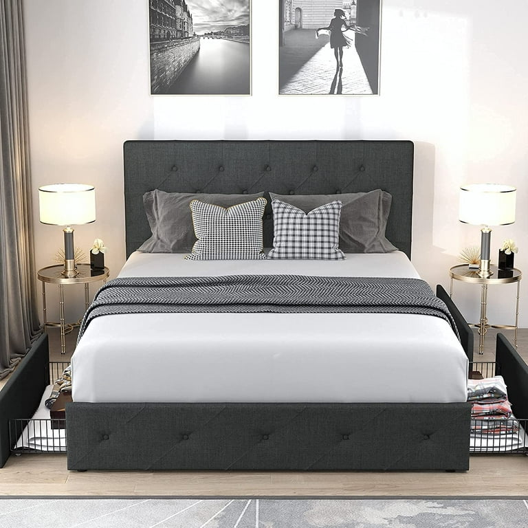 OUTOP Queen Bed Frame with 4 Storage Drawers and Adjustable Headboard, Square Stitched Button Upholstered Mattress Foundation with Wood Slat Support, OUTOP Queen Bed Frame with 4 Storage Drawers and Adjustable Headboard, Square Stitched Button Upholstered Mattress Foundation with Wood Slat Support,