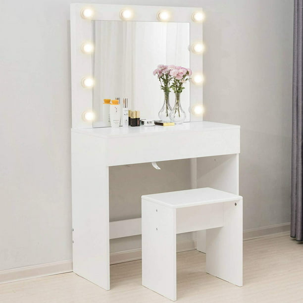 Led Lights Mirror Vanity Set, White Dresser And Vanity Set