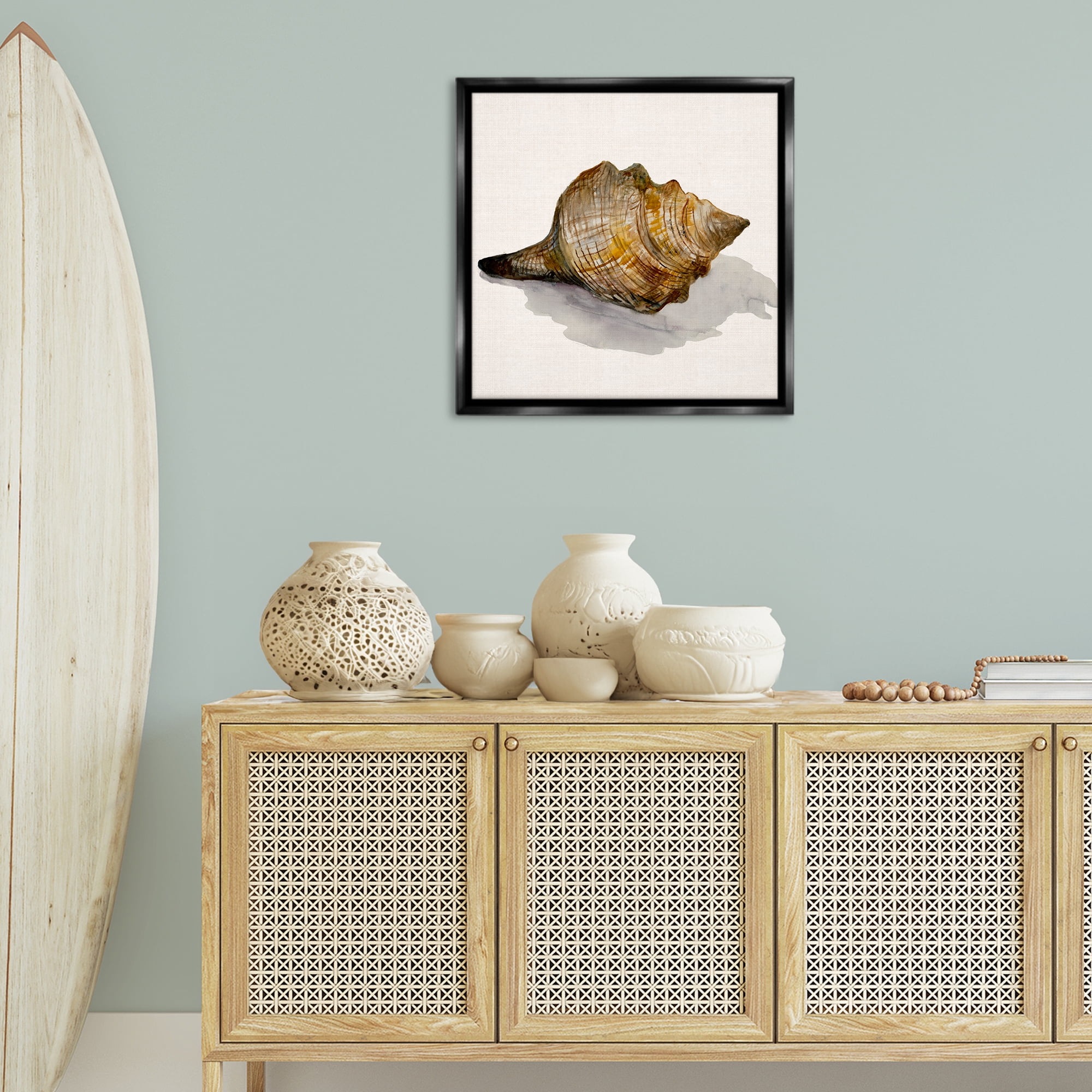 Stupell Industries Conch Shell on Beige Nautical & Beach Painting Black Floater Framed Canvas Art Print Wall Art, 25 x 25
