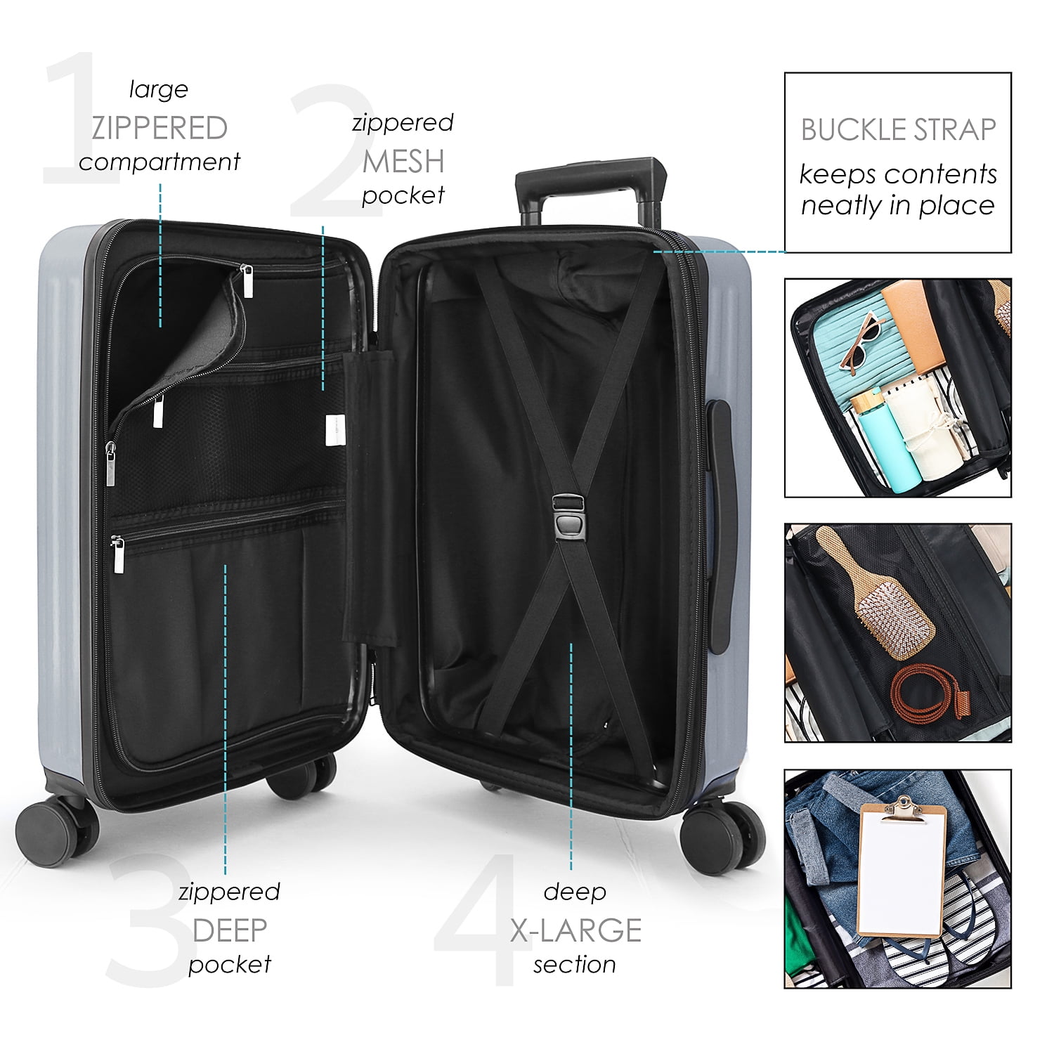 StorageBud 20 inch Hardside Carry-On Expandable Luggage, Front Pocket Luggage Set Spinner Suitcase Set, Grey