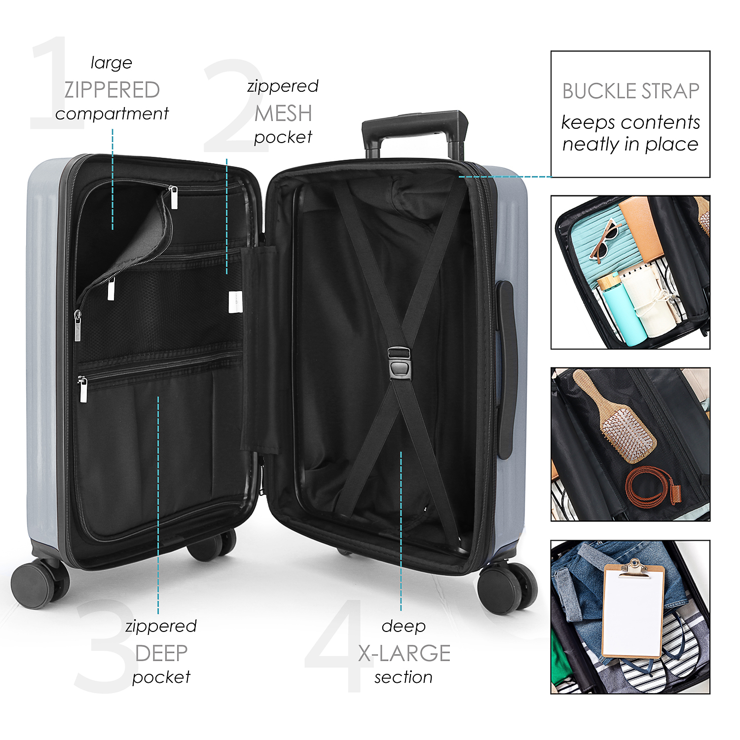 StorageBud 20-Inch Hardside Carry-On Expandable Luggage Set, Grey photo 5