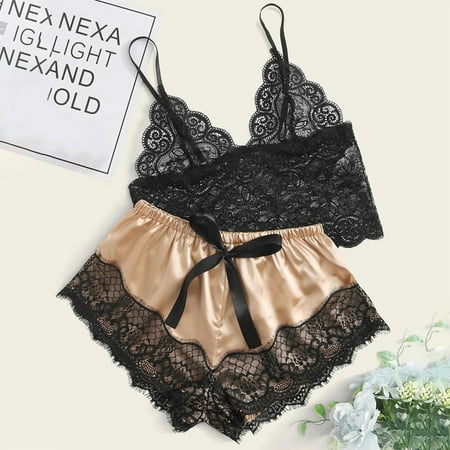 

Honeeladyy Ladies Fashion Solid Color Erotic Lace Sexy Deep V Satin Sexy Camisole Top Short Pajama Suit teenage erotic lingerie
