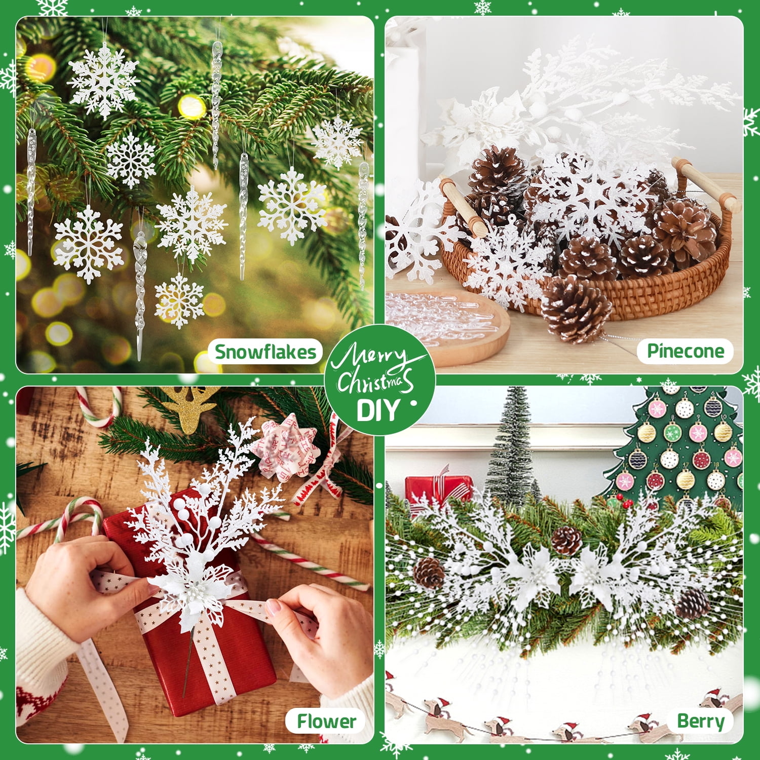 Ayieyill 84Pcs Christmas Tree Decorations Flowers, Artificial Glitter Berry Stems Christmas Pine Cones, Snowflake Icicle Drop Crystal Ornaments (White)