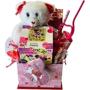 IOS Happy Valentine's Day Girl's Kid Gift Baskets with Cute Accessories, Assorted Favor & Candies, Scented Teddy Bear, Heart Shaped Glasses, Themed Pattern Gift Box Set