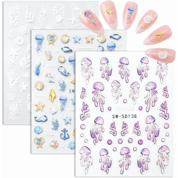 3 Sheets 5D Embossed Ocean Theme Nail Art Stickers Summer Self Adhesive Decals Supplies Shell Purple Jellyfish Charms Design for Women DIY Manicure Metal Accessories Decoration Starfish Plastic