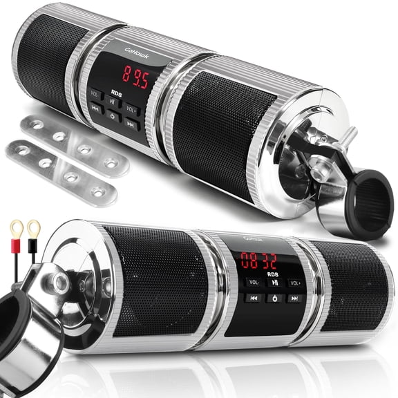 GoHawk RD8 Gen.2 Waterproof Bluetooth Motorcycle Stereo Speakers 7/8-1.25 in. Handlebar Mount MP3 Music Player Audio Amplifier System Scooter Bike ATV, AUX in, USB, FM Radio