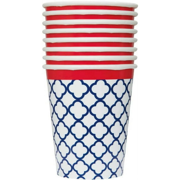 Various 9oz Blue Quatrefoil Disposable Paper Cups, 8 Count
