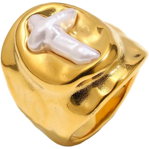 Zephyriana Temperament Women's Stainless Steel Jewelry Imitation Pearl Cross Oval Face Retro Wedding Rings