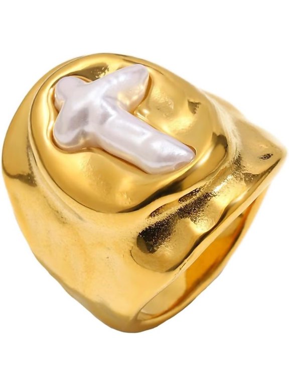 Temperament Women's Stainless Steel Jewelry Imitation Pearl Cross Oval Face Retro Wedding Rings