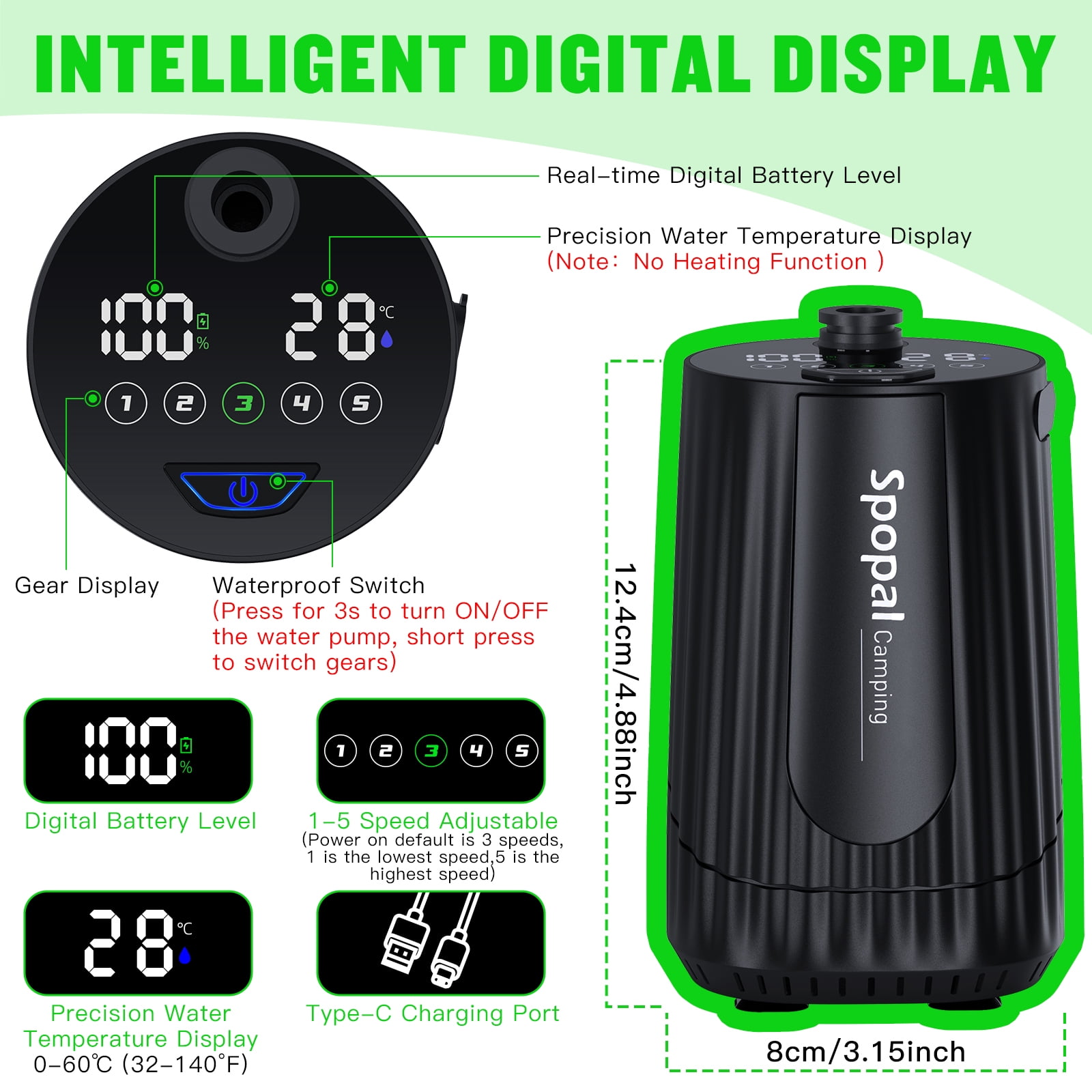 Spopal Portable Camping Shower, [Upgraded] 10000mAh Rechargeable, 5-Speed, LED Display, 3 GPM Powerful Spray, IPX8 Waterproof for Hiking Travel