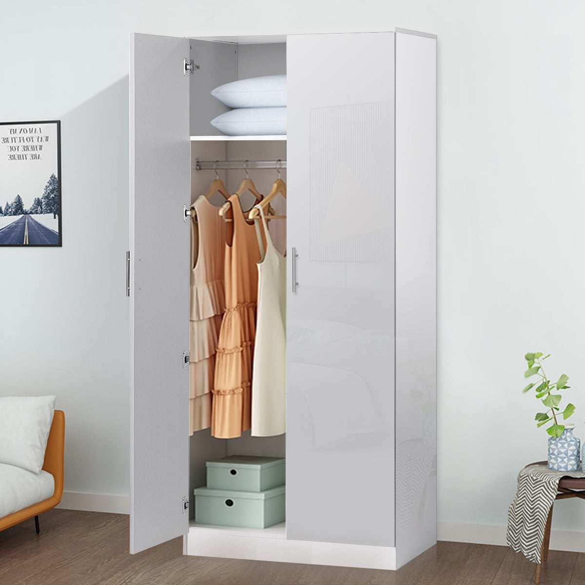 High Gloss Two Door Wardrobe with Shelf and Hanging Rod Bedroom