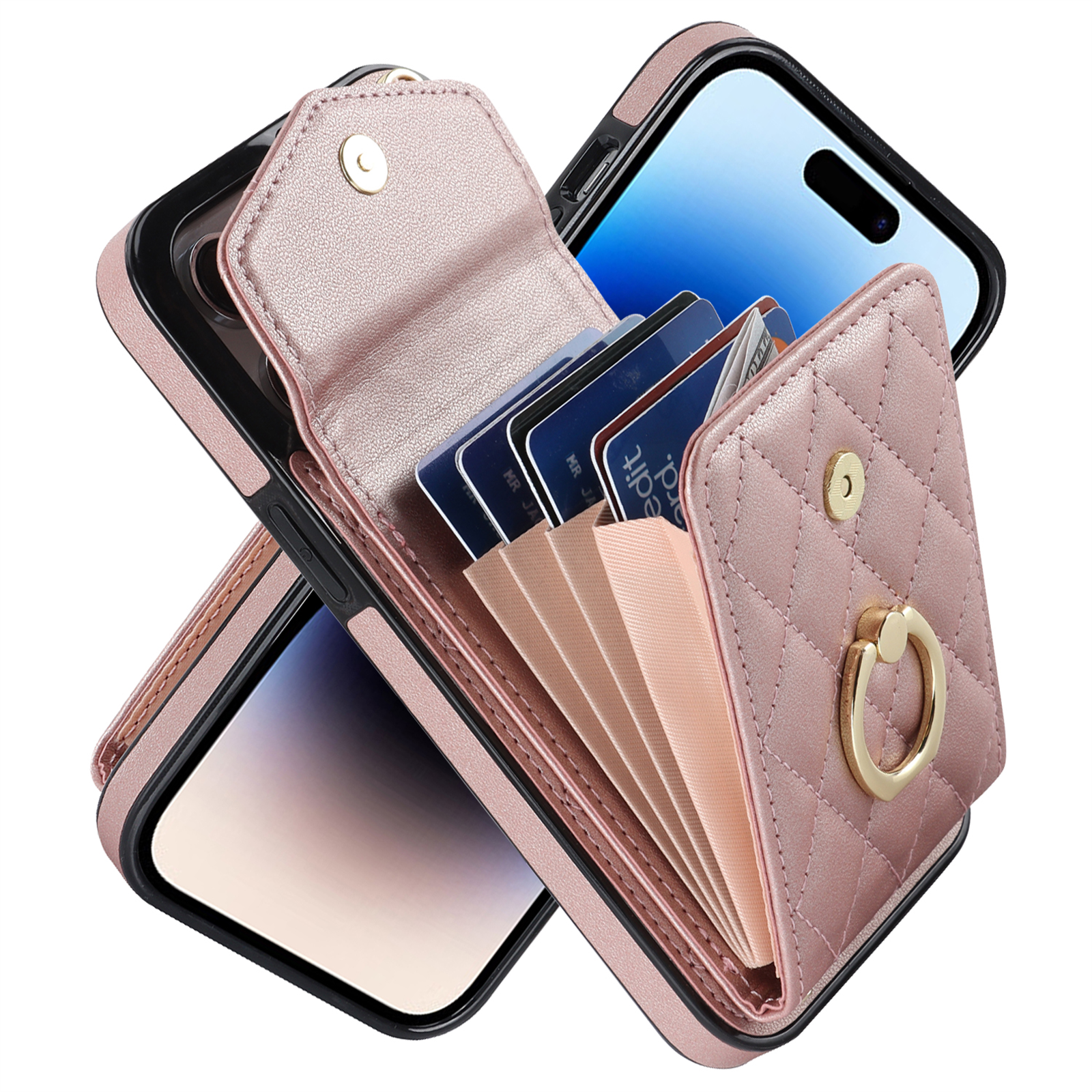 Asuwish Wallet RFID Blocking PU Leather Cell Phone Case with Tempered Glass Screen Protector, Wrist Strap for iPhone 15 Pro Max, Rose Gold