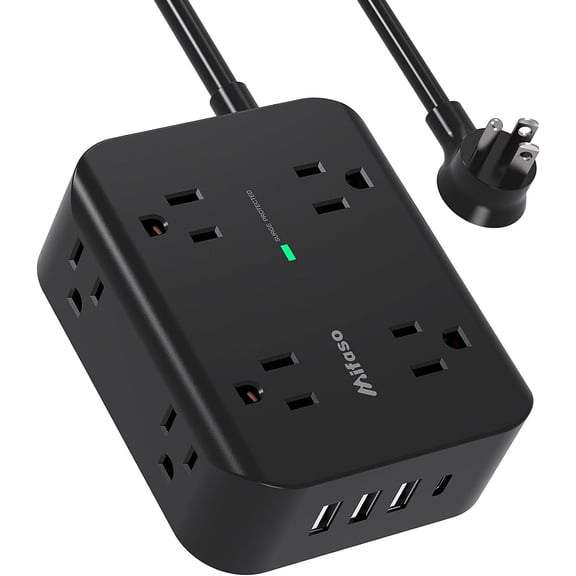 Extension Cord 15FT - 8 Outlets Power Strip Sur Protector with USB Ports, Heavy-Duty Braided Extension Cord, Flat Plug, 15A Circuit Breaker, Charging Station Overload Protection