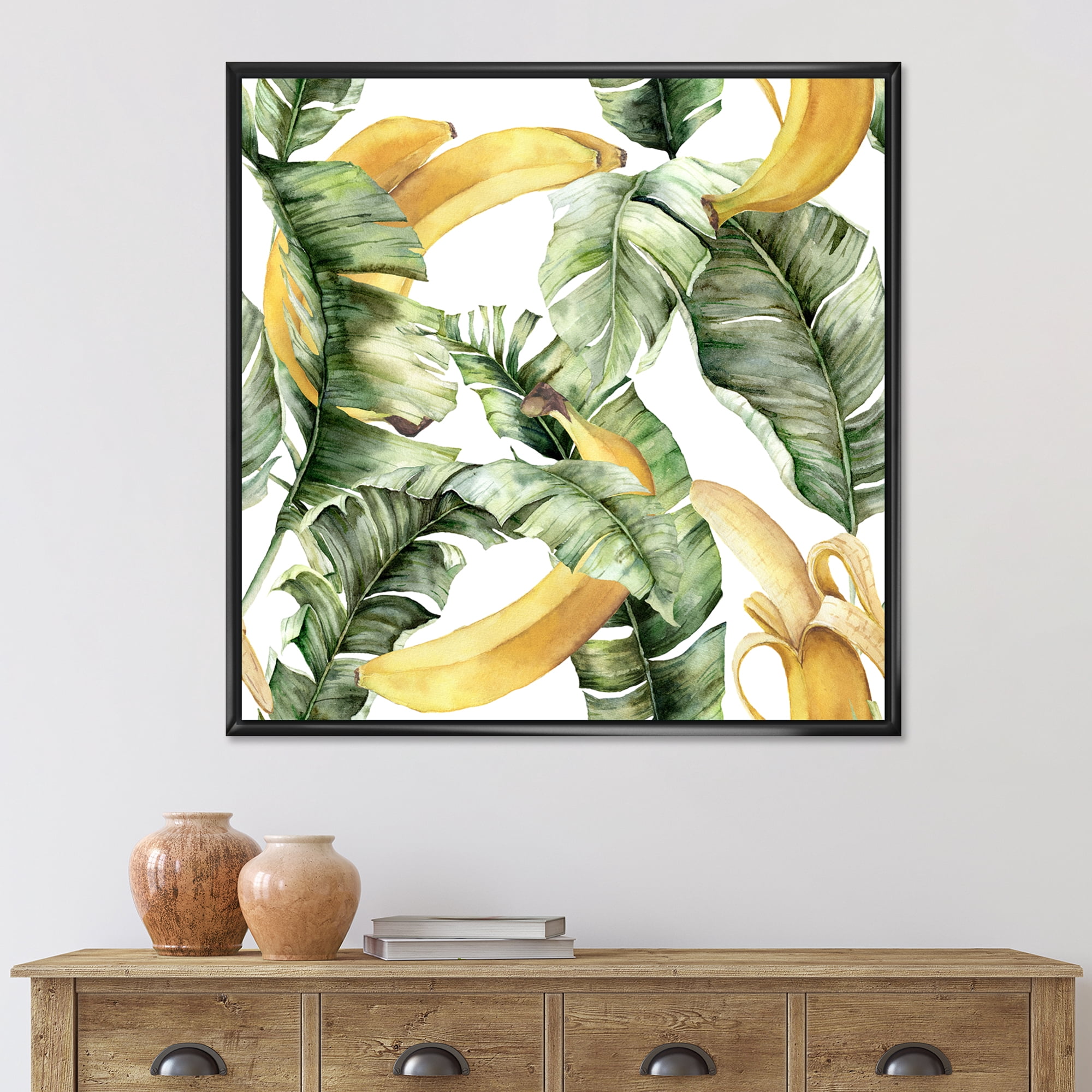 Leaves With Ripe Bananas 16 in x 16 in Framed Painting Canvas Art Print, by Designart