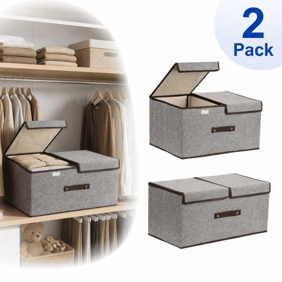 2 Pack Fabric Storage Bins with Lids, Collapsible Storage Bins with Lids, Large Basket with Lid, Decorative Storage Boxes, Large Storage Containers, Foldable Linen Storage Cube