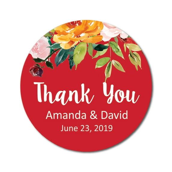 Darling Souvenir Round 45 Pieces Rose Floral Thank You Stickers Personalized Bride Groom Names And Date Envelope Seals-Red