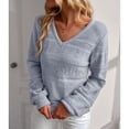 thumbnail image 2 of Mujeres sueltan suéter manga larga V Masajeadores de cuello casual Hollow pullover Top para otoño e invierno azul S, 2 of 6