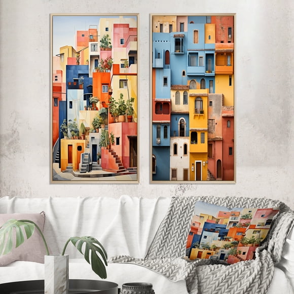 Designart "Coloré Casas This is Mexico s Vibrancy II" Art Mural Encadré Mexicain Ensemble de 2 - Paysages Multicolores Ensemble de Toiles Encadrées pour Décoration de Salon