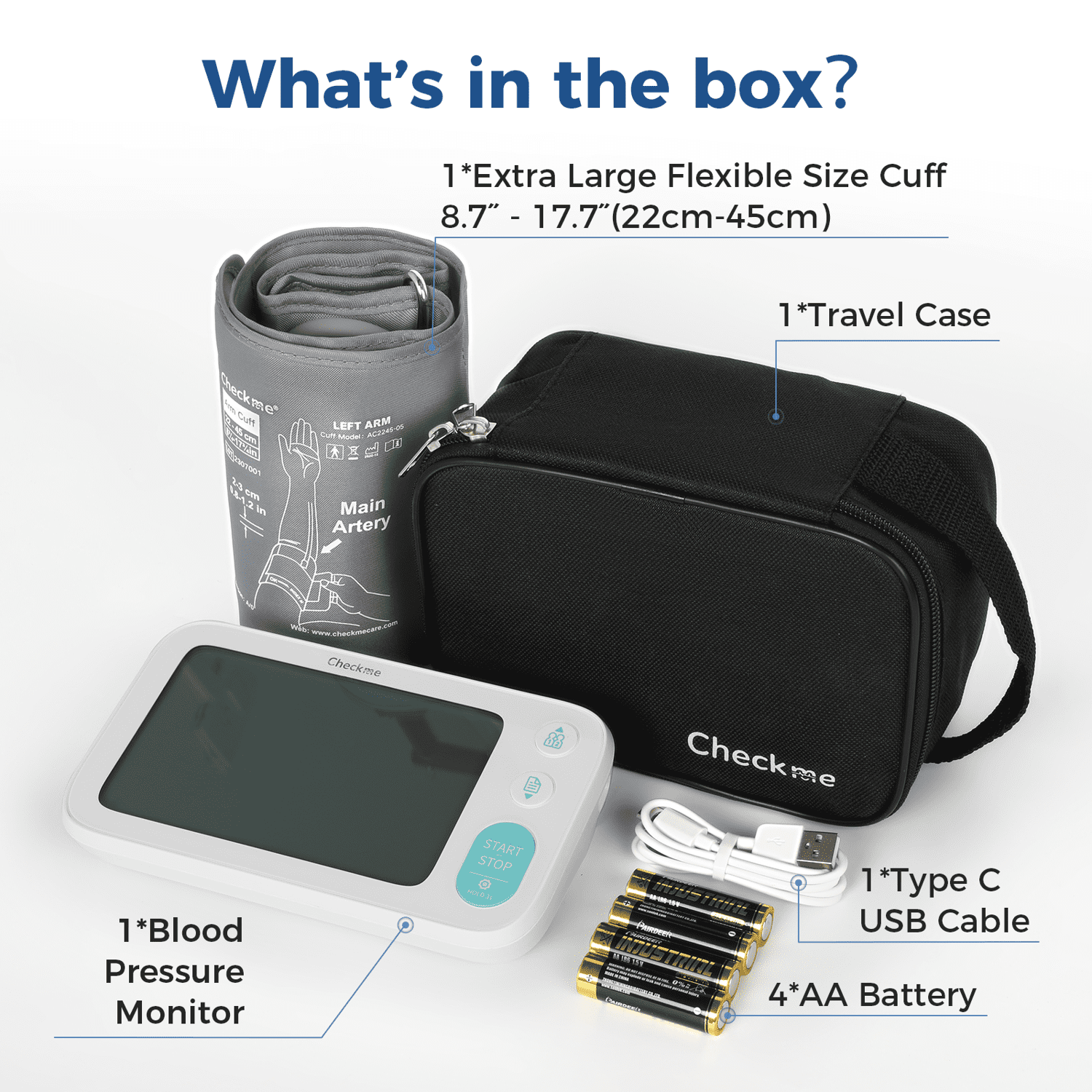 Checkme Upper Arm Blood Pressure Monitor, Accurate Automatic High Blood Pressure Machine With Free App, Large LCD Display, 2 Users, 250 Recordings, Irregular Heartbeat Reminder