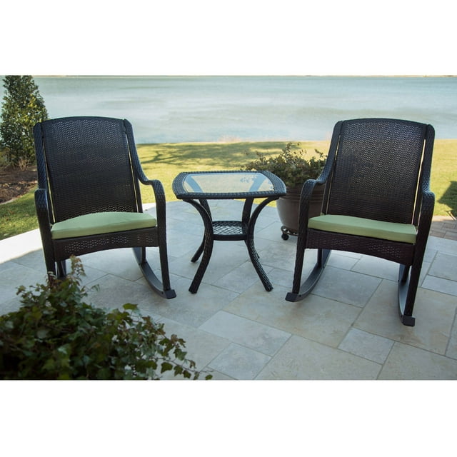 Hanover Outdoor Orleans 3-Piece Porch Rocker Set with Cushions, Avocado Green/French Roast