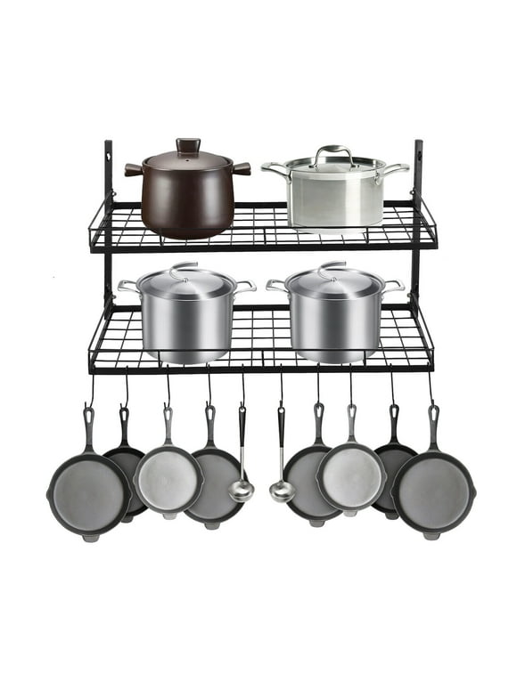 Pot and Pan Rack Organizer, Stainless Steel Wall Mount Pot Rack, Kitchen Cookware Hanging Organizer, Kitchen Utensil Organizer Hanging Rack Pot Lid Holder - 16.1*10.2*26.7 Inch