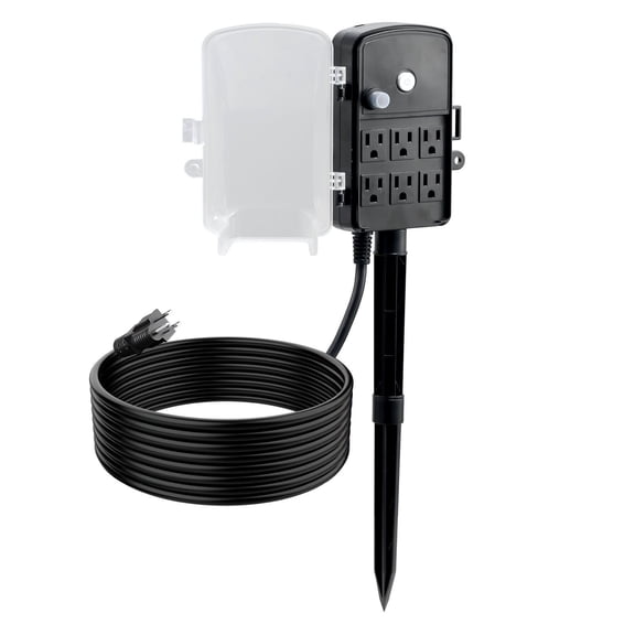 Outdoor Power Stake with 15 ft Extension Cord, 6 Outlets, 15A/1875W, Weatherproof Yard Stake for Patio and Holiday Lights
