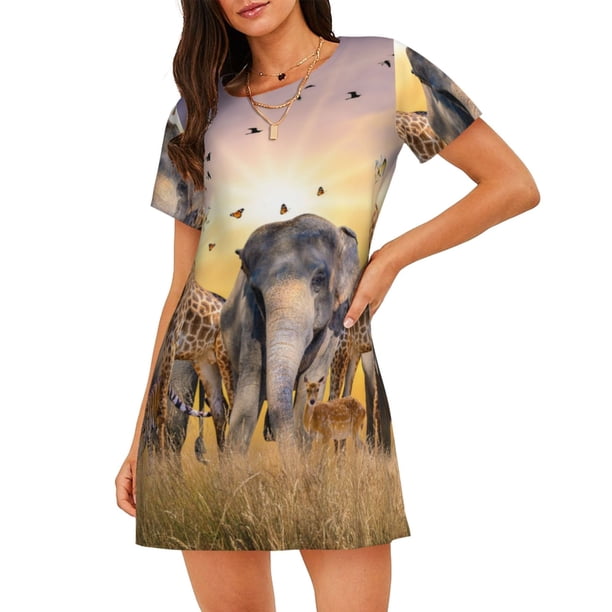 Balery Vintage Wildlife Protection Camisón de manga corta con cuello redondo para mujer, cómodo y elegante.