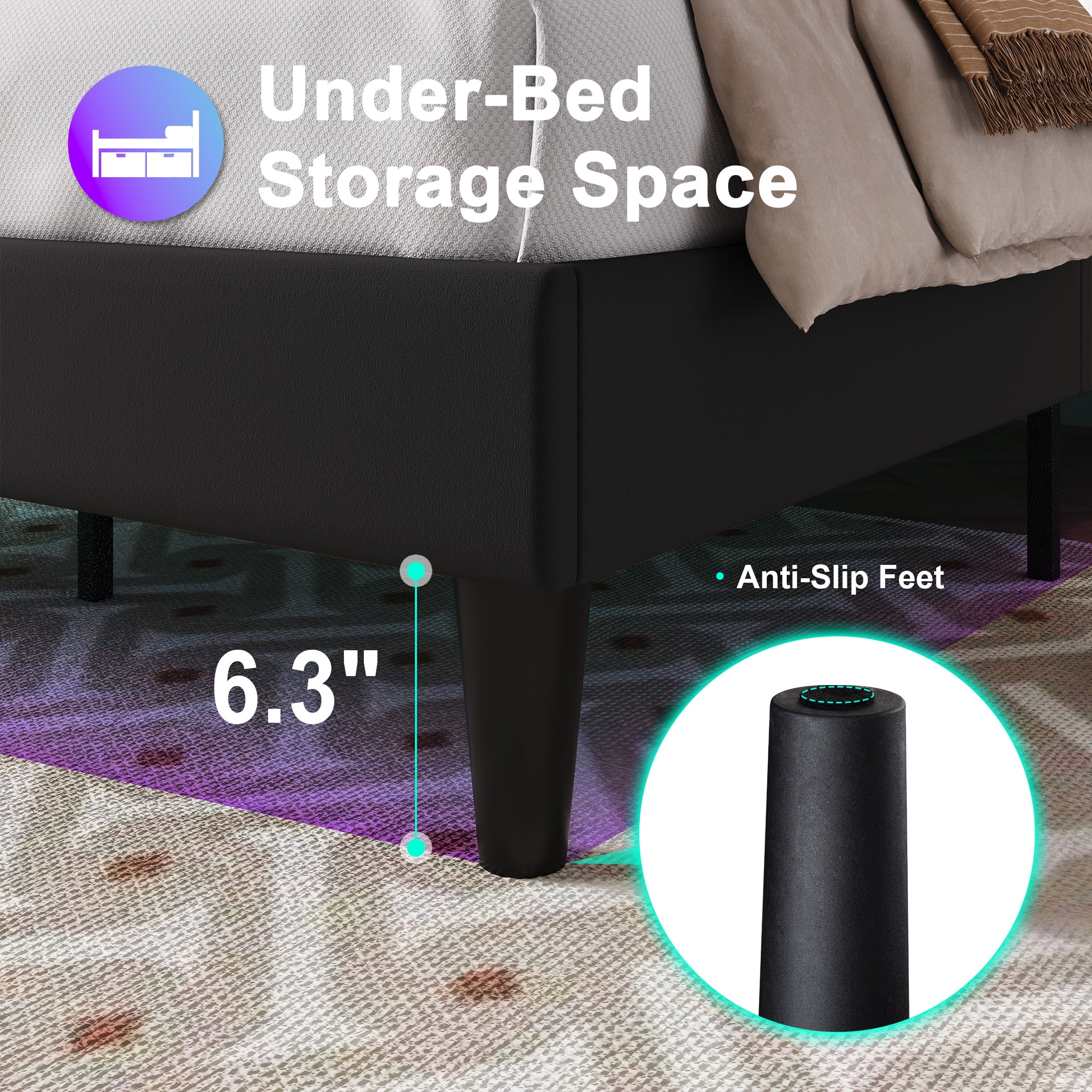 Amolife King Size Bed Frame with Charging Station & LED Light, Velvet Upholstered Platform Bed with Geometric Wingback Headboard, Black