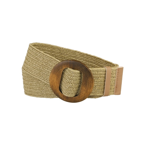Cinturones elásticos de tejido para mujeres INSPIRE CHIC, hebilla de madera de ratán de paja, cinturón ancho elástico para vestido en color caqui de 60 a 85 cm