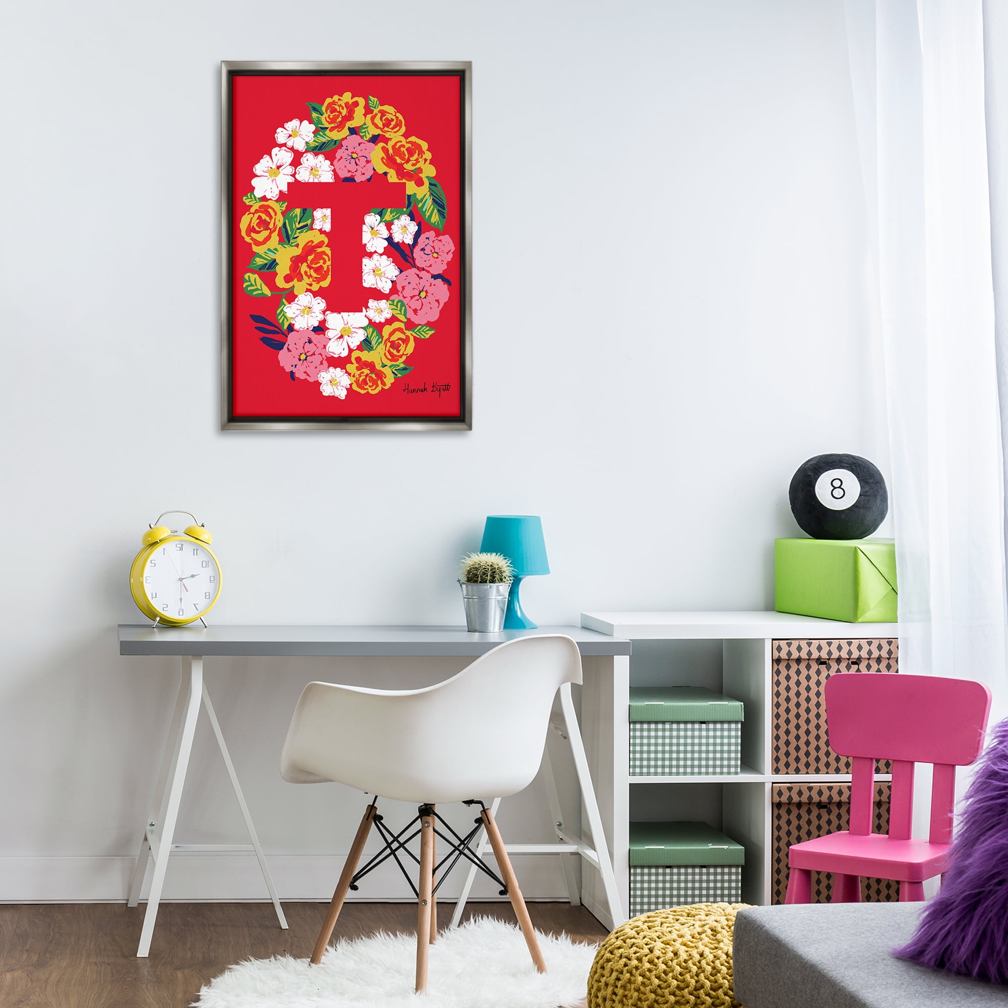 Stupell Industries Floral Bloom Letter T Botanical & Floral Painting Gray Floater Framed Art Print Wall Art, 21 x 31